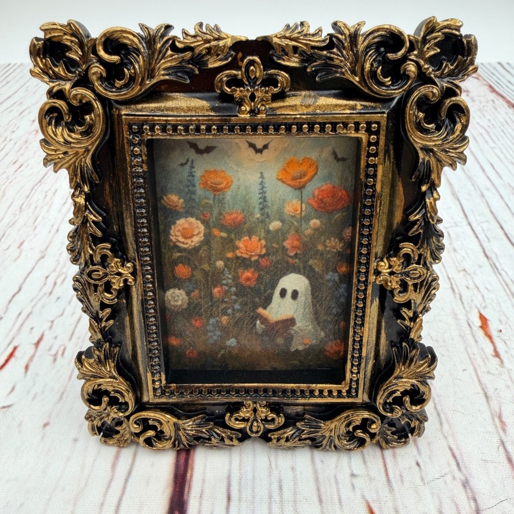 Miniature Ghost Reading in Flower Field Ornate Gold Resin Frame Art Print 3.75"